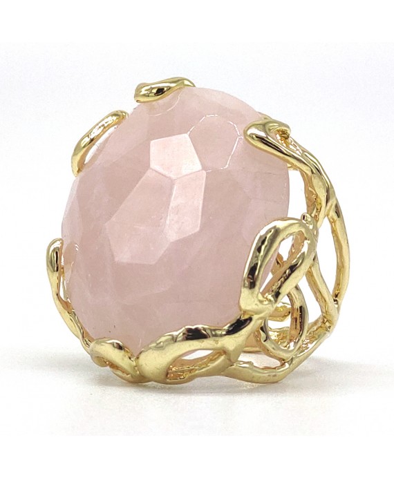 Anello regolabile in bronzo con cabochon di Quarzo rosa2055