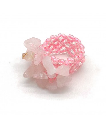 Cover Anello artigianale elastico con chips quarzo rosa e perline